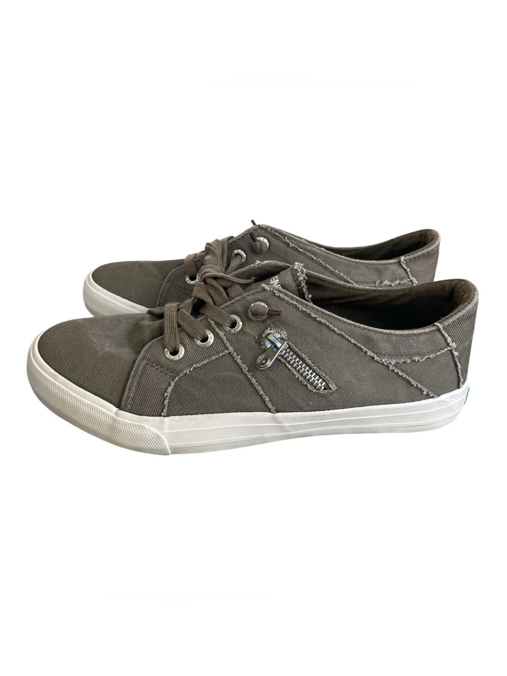 Grey Taupe Canvas Slip On Sneakers Side Zip Distressed Women's Size 9 Jenn Ardor
